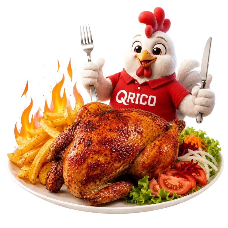 Pollo a la brasa al carbón jugoso con papas fritas y mascota de QRico Pollería en Los Olivos.