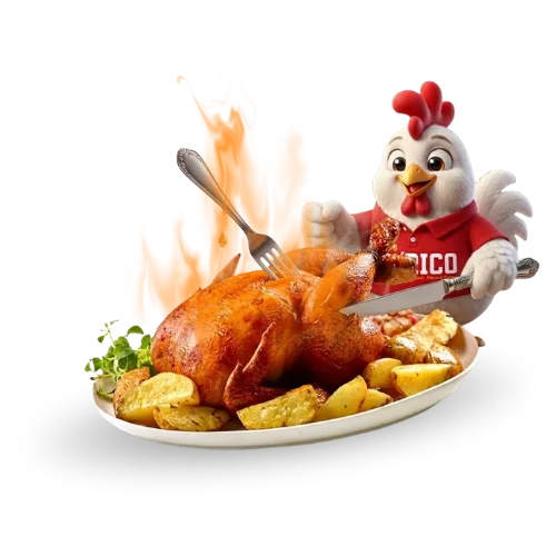 Pollo a la brasa al carbón jugoso con papas fritas y mascota de QRico Pollería en Los Olivos.