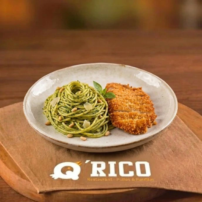 Spaghetti al Pesto con Milanesa de Pollo en Los Olivos